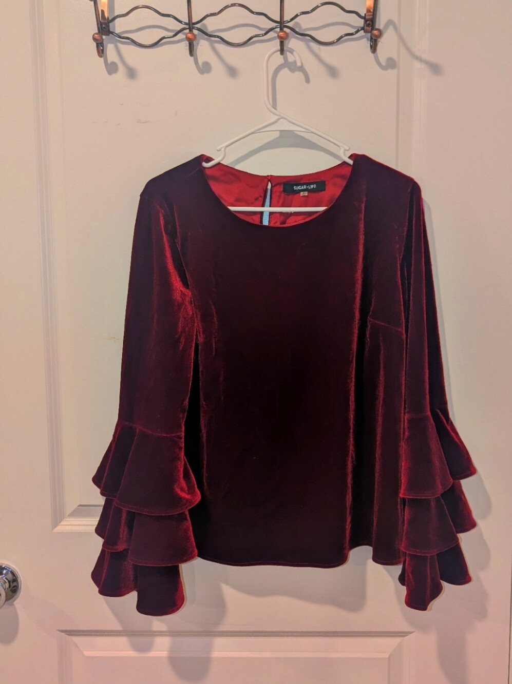 Women's Dark Red Maroon Tiered Long Sleeve Velvet Blouse Y2K